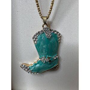 Betsey Johnson Turquoise Boot Pendant Necklace With Rhinestones